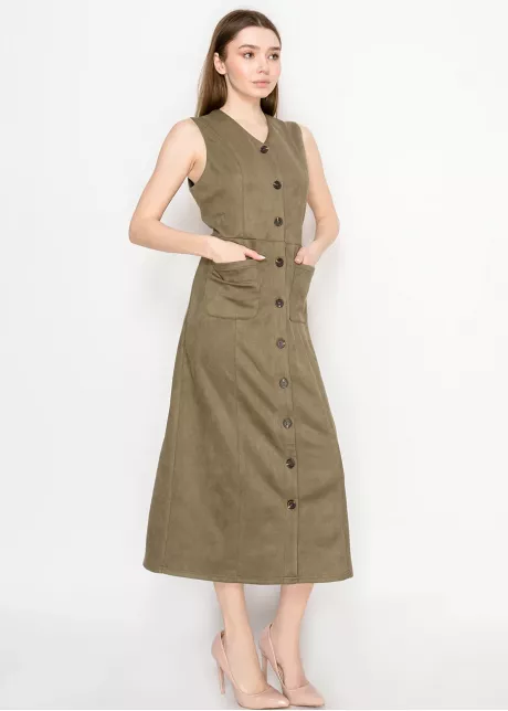 Olive Sleeveless Midi Dress with Pockets