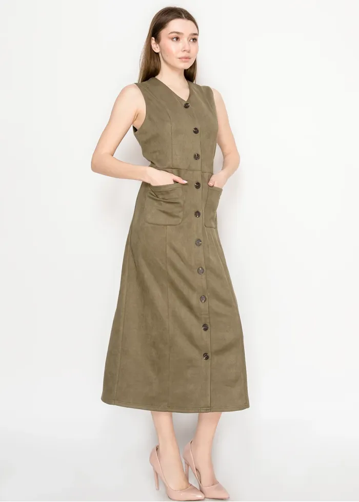 Olive Sleeveless Midi Dress with Pockets