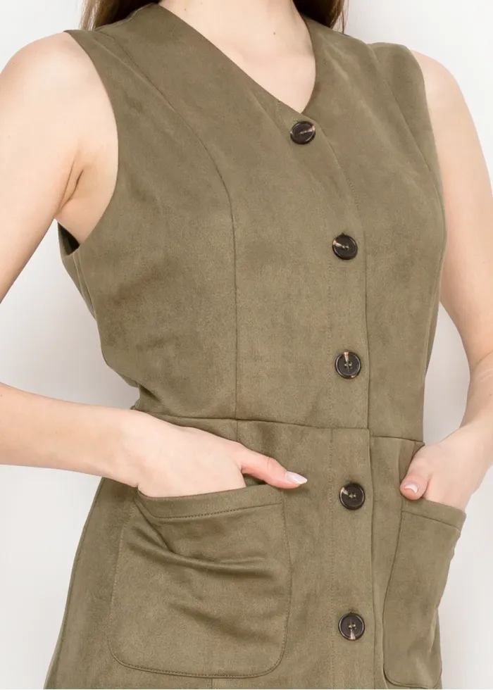 Olive Sleeveless Midi Dress with Pockets
