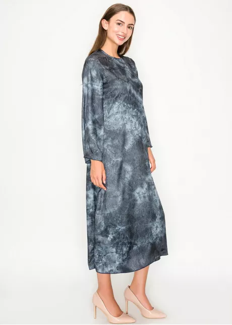 Navy tie-dye midi dress with flared sleeves