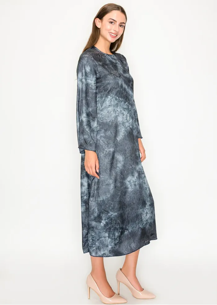 Navy tie-dye midi dress with flared sleeves
