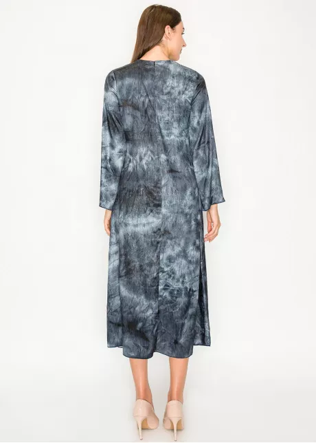 Navy tie-dye midi dress with flared sleeves