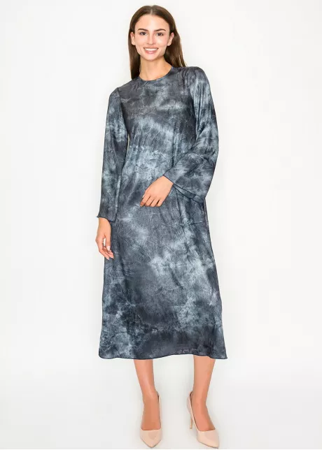 Navy tie-dye midi dress with flared sleeves