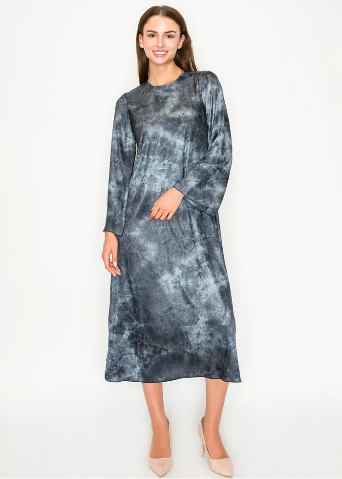 Navy tie-dye midi dress with flared sleeves