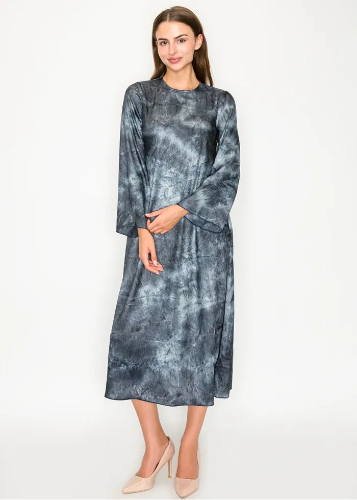 Navy tie-dye midi dress with flared sleeves