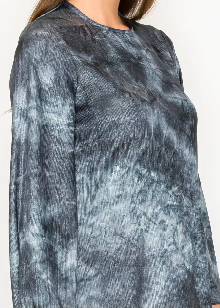 Navy tie-dye midi dress with flared sleeves