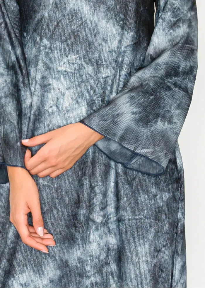 Navy tie-dye midi dress with flared sleeves