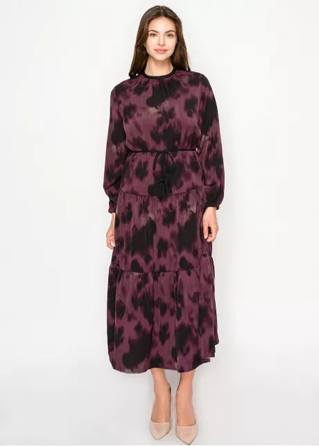 Burgundy abstract tiered midi dress