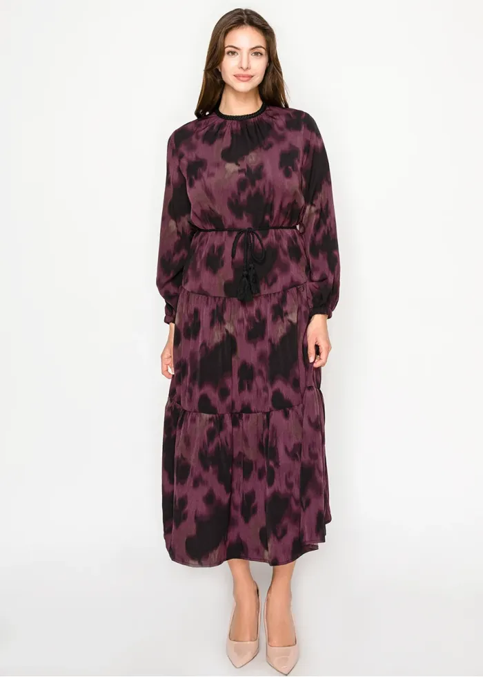 Burgundy abstract tiered midi dress