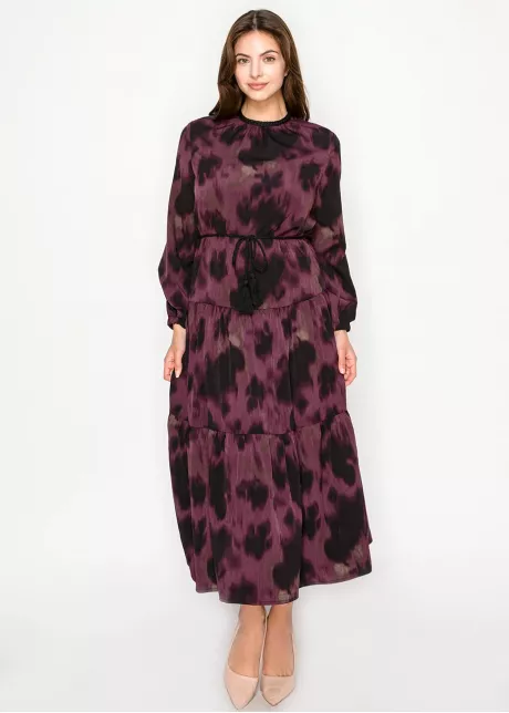 Burgundy abstract tiered midi dress