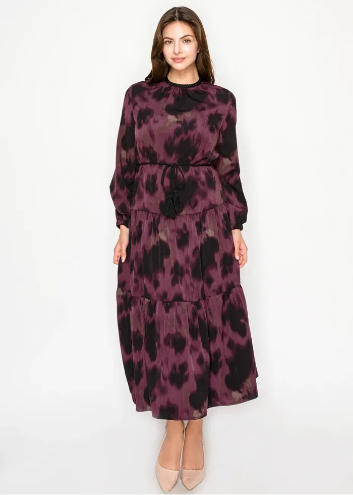 Burgundy abstract tiered midi dress