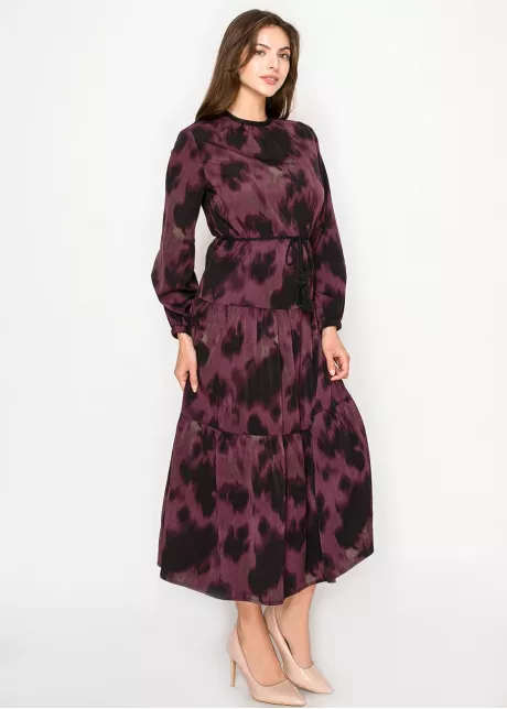 Burgundy abstract tiered midi dress