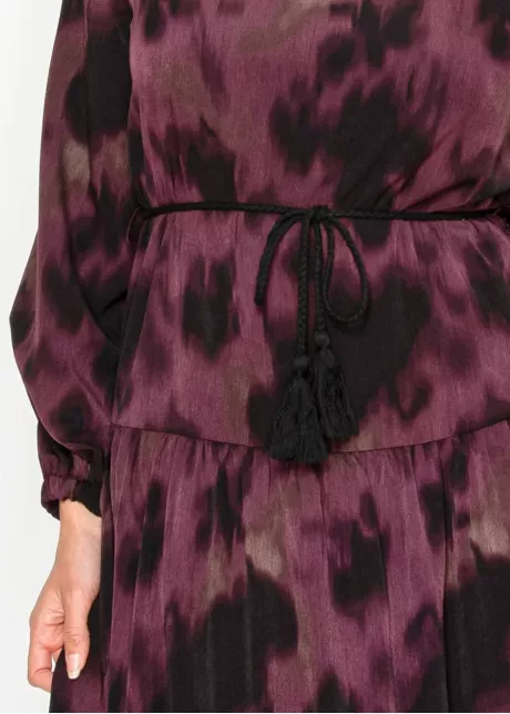 Burgundy abstract tiered midi dress