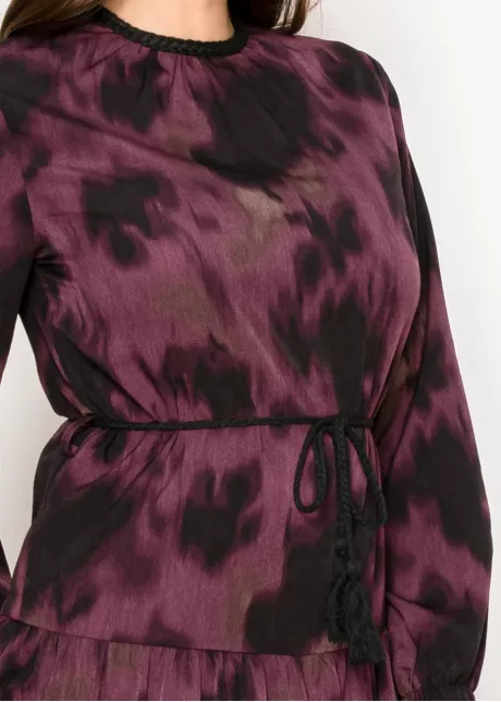Burgundy abstract tiered midi dress