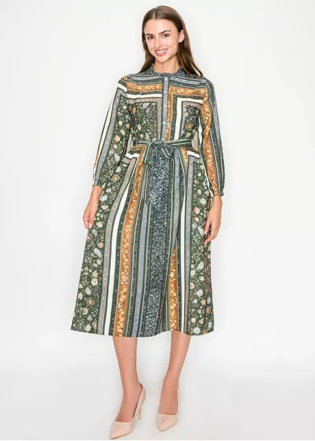 Olive Mixed Print Belted Midi Dress
