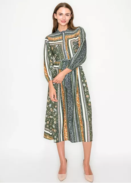 Olive Mixed Print Belted Midi Dress