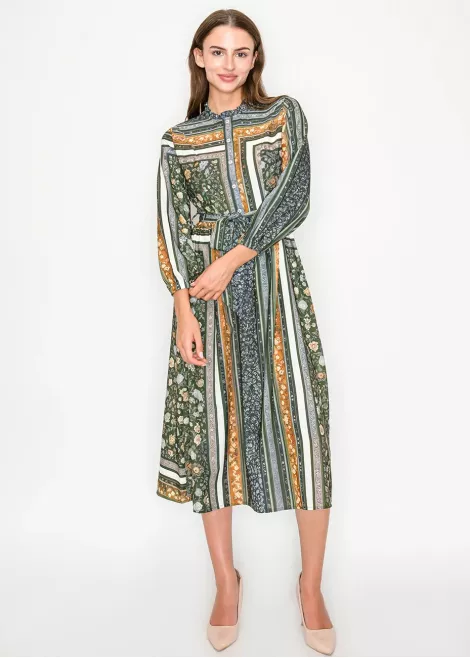 Olive Mixed Print Belted Midi Dress Olive Mixed Print Belted Midi Dress