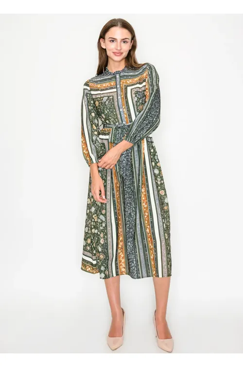 Olive Mixed Print Belted Midi Dress