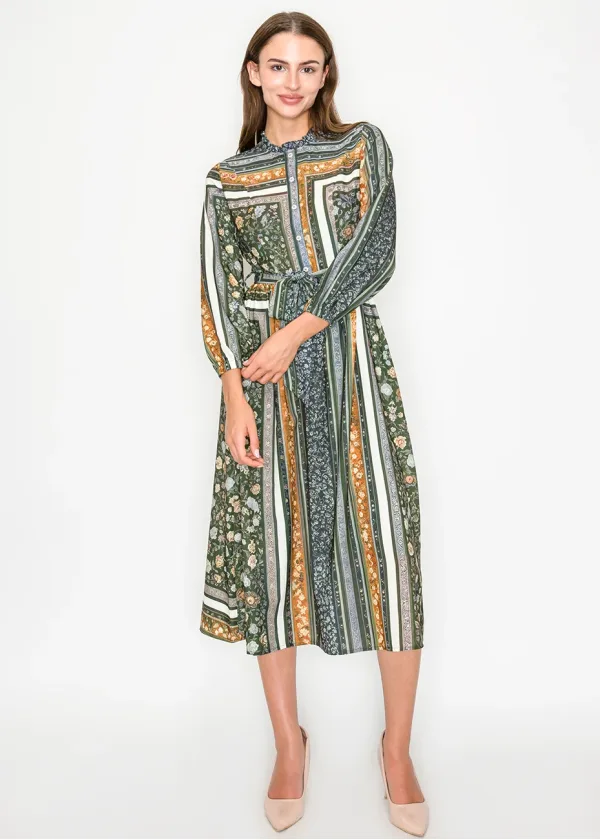 Olive Mixed Print Belted Midi Dress