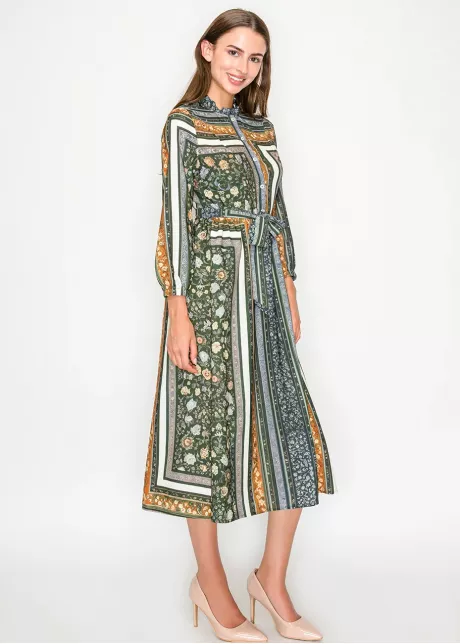 Olive Mixed Print Belted Midi Dress
