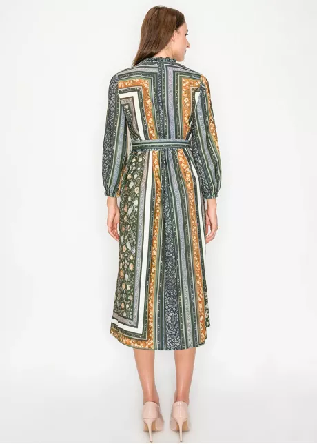 Olive Mixed Print Belted Midi Dress