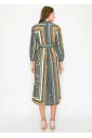 Olive Mixed Print Belted Midi Dress