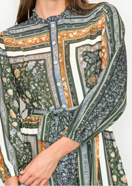 Olive Mixed Print Belted Midi Dress