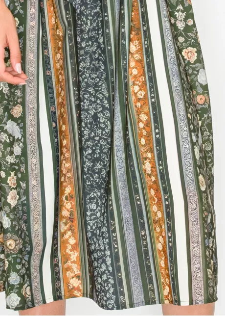 Olive Mixed Print Belted Midi Dress