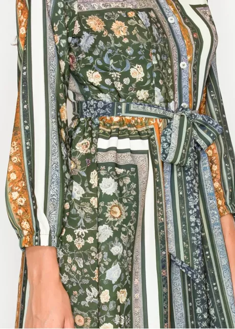 Olive Mixed Print Belted Midi Dress