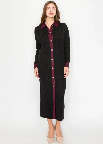 Long Cable Knit Dress with Contrast Trim