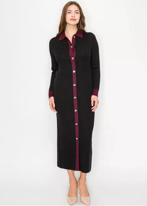 Long Cable Knit Dress with Contrast Trim Long Cable Knit Dress with Contrast Trim