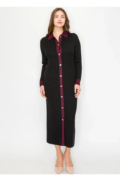 Long Cable Knit Dress with Contrast Trim