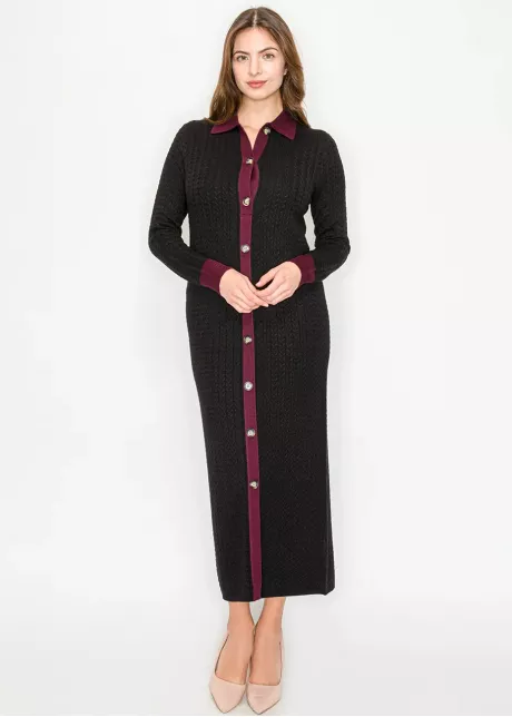 Long Cable Knit Dress with Contrast Trim