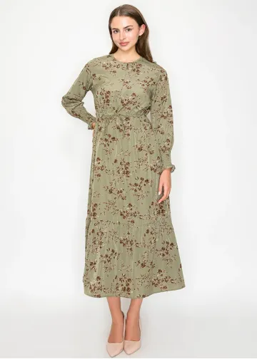 Olive Tiered Floral Midi Dress