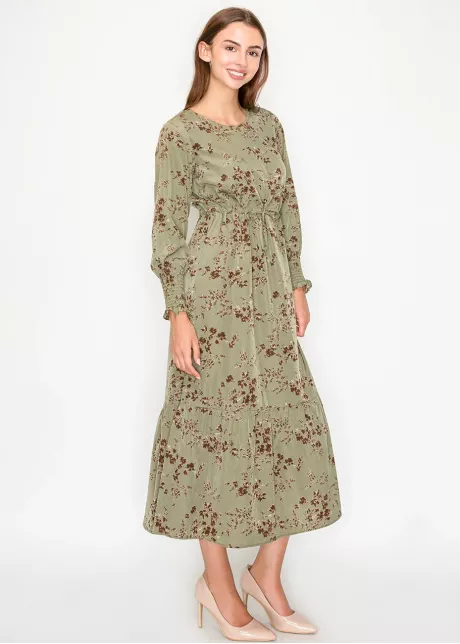 Olive Tiered Floral Midi Dress