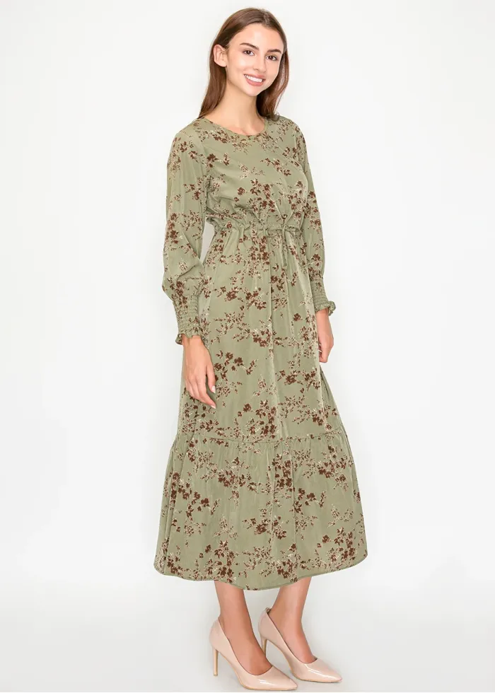 Olive Tiered Floral Midi Dress