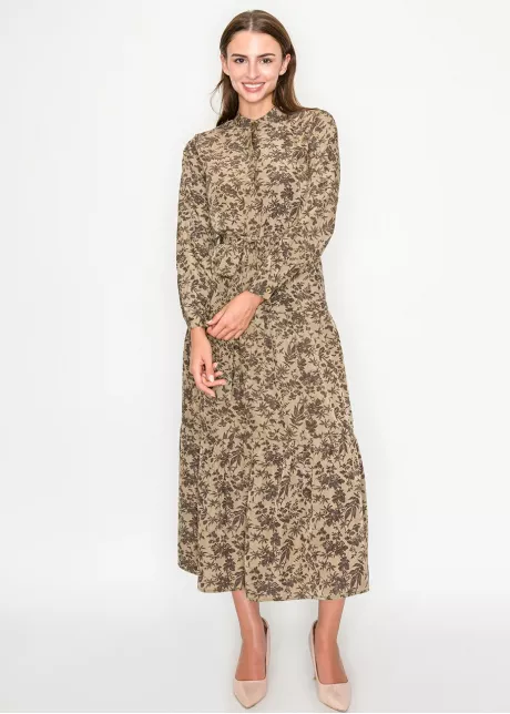 Brown Floral Print Long Sleeve Dress