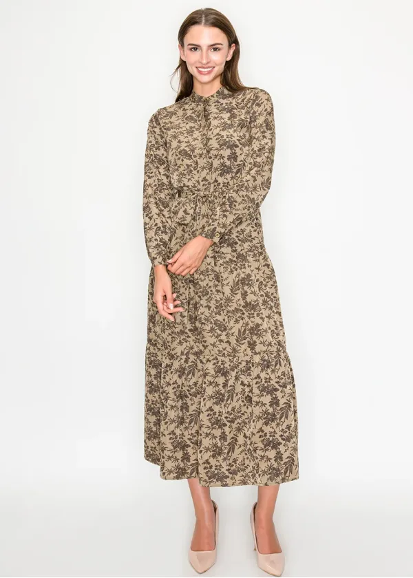 Brown Floral Print Long Sleeve Dress