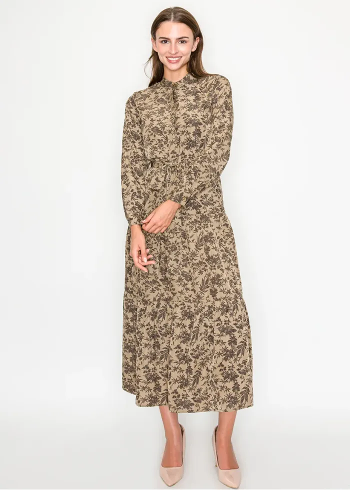 Brown Floral Print Long Sleeve Dress
