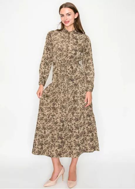 Brown Floral Print Long Sleeve Dress