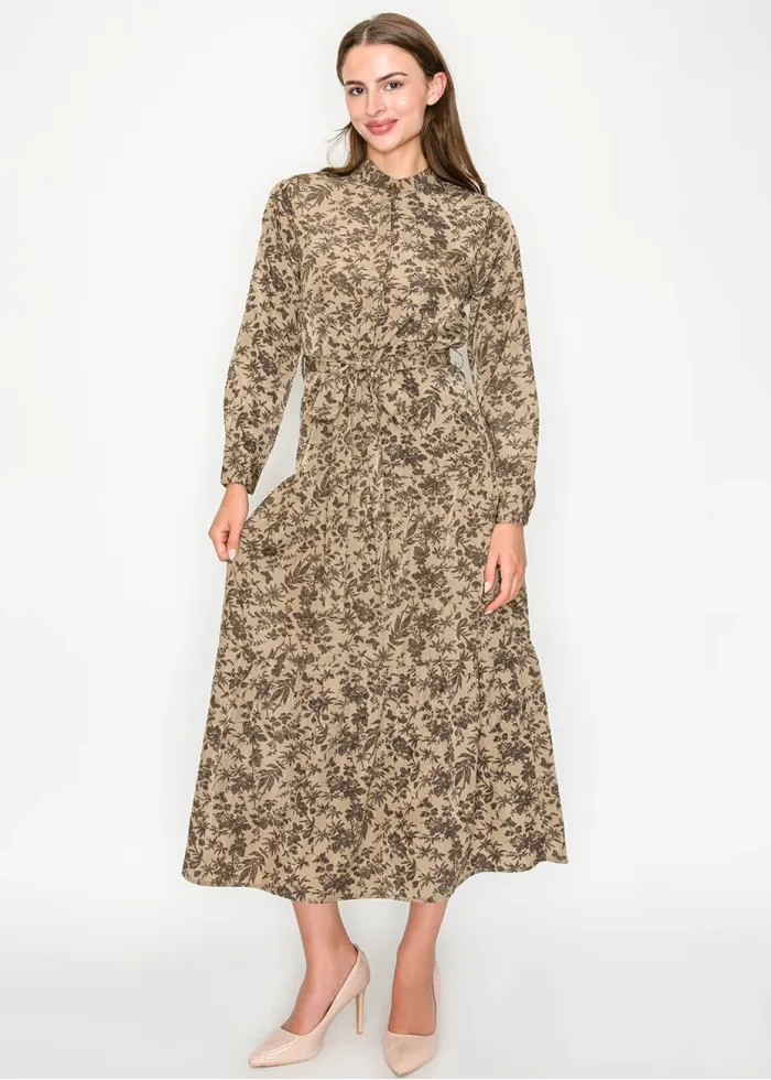 Brown Floral Print Long Sleeve Dress
