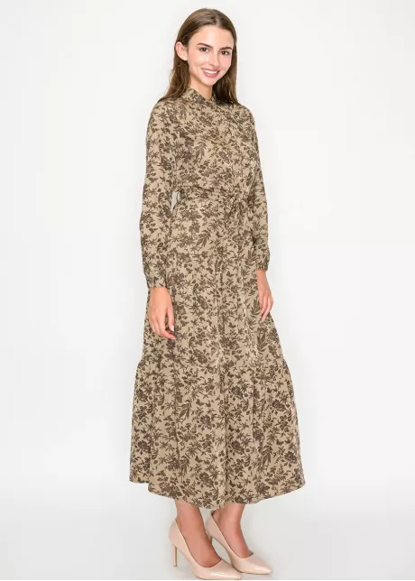 Brown Floral Print Long Sleeve Dress