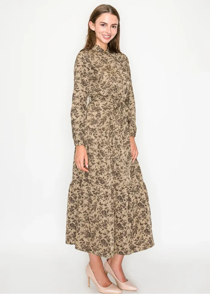 Brown Floral Print Long Sleeve Dress