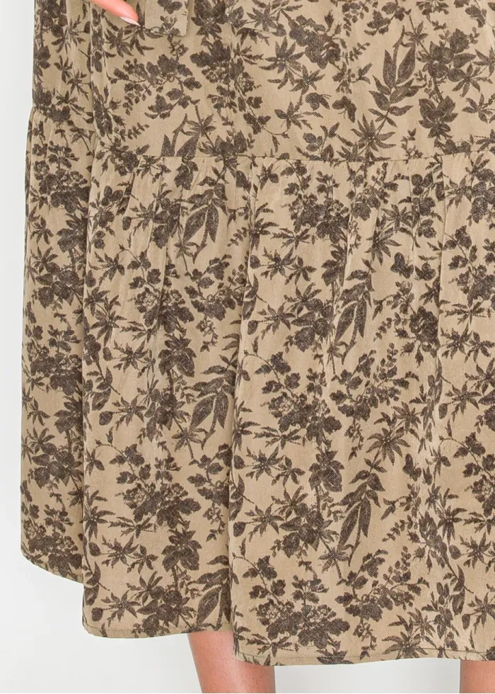 Brown Floral Print Long Sleeve Dress