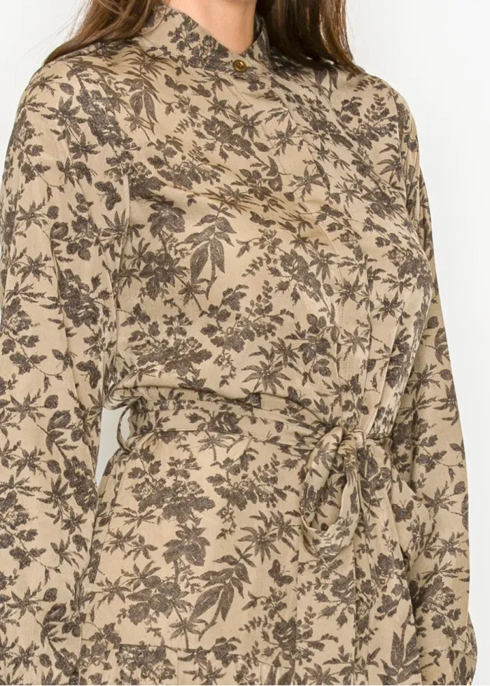 Brown Floral Print Long Sleeve Dress