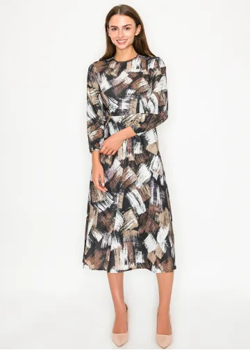Black long-sleeve abstract brushstroke midi dress