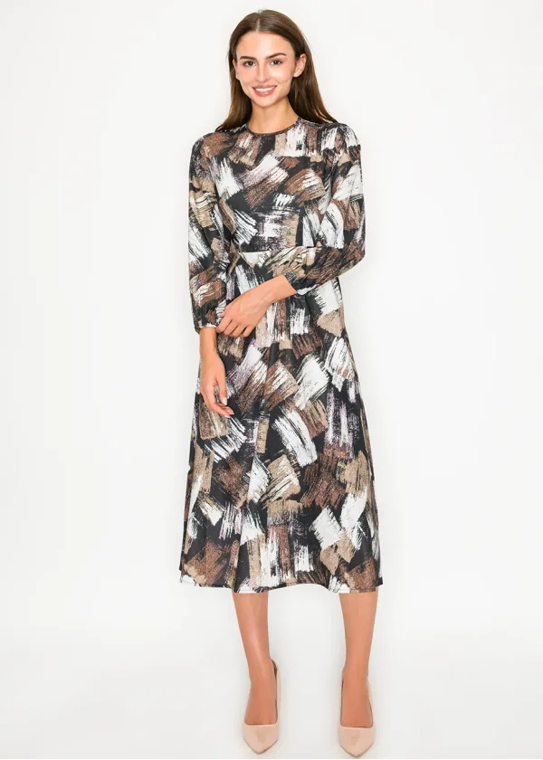 Black long-sleeve abstract brushstroke midi dress