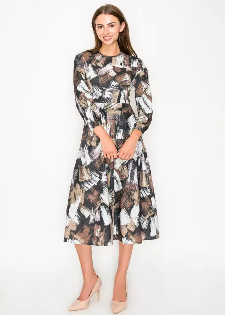 Black long-sleeve abstract brushstroke midi dress