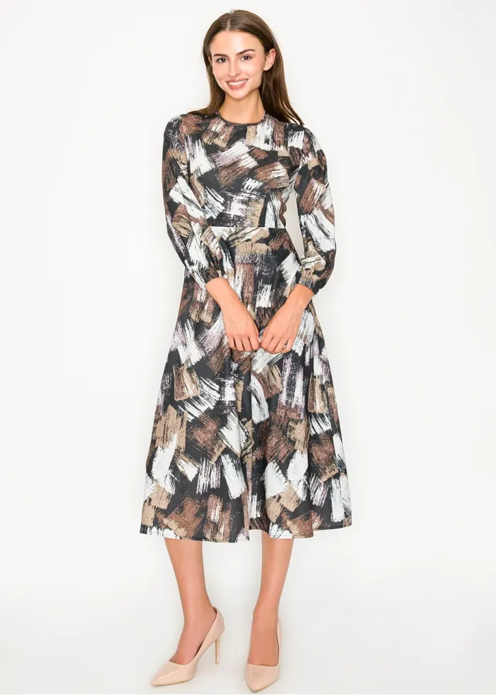 Black long-sleeve abstract brushstroke midi dress