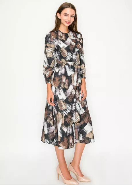 Black long-sleeve abstract brushstroke midi dress